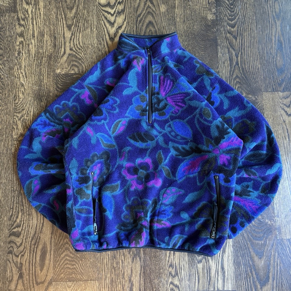 VTG 90s REI Polartec Fleece Floral AOP Quarter Zip Pullover Sweater Boxy Purple